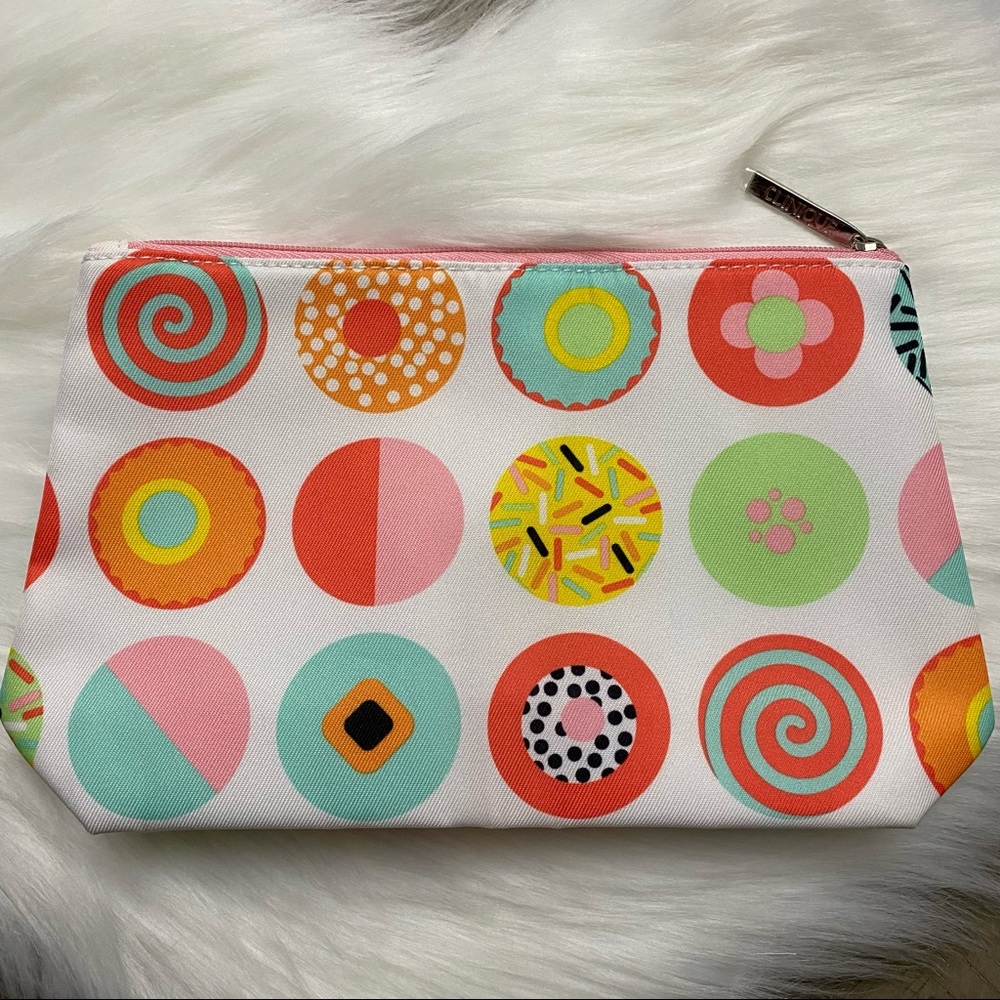 NWOT Clinique Colorful Circles Colorful Donuts Pattern Design Cosmetic Bag